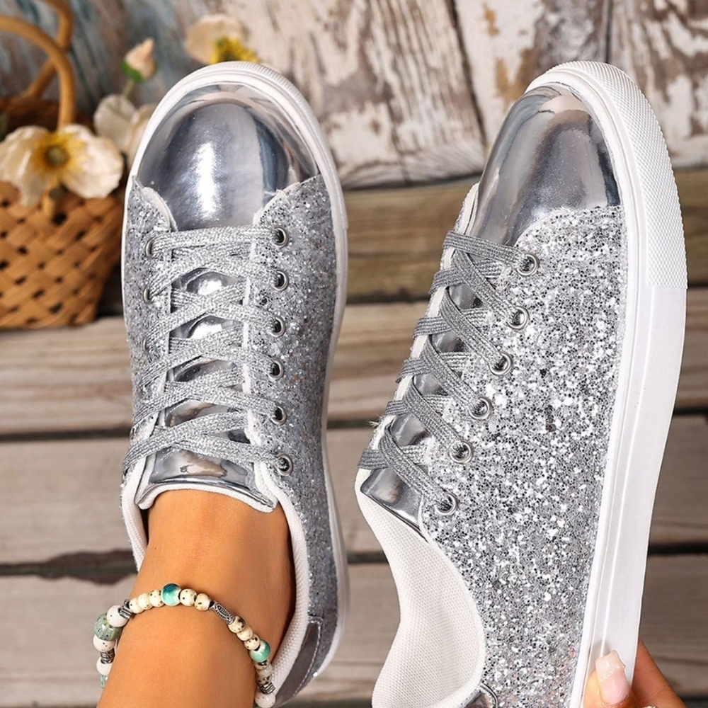 Silver Glitter Platform Sneakers for Women Size 8 - Picture 3 of 6